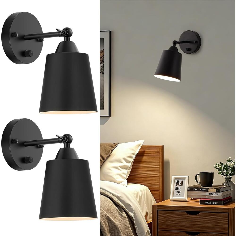 2 Set Black Dimmable Wall Sconces Bedside Mount Lamp Vanity Metal Shade Swing Ar